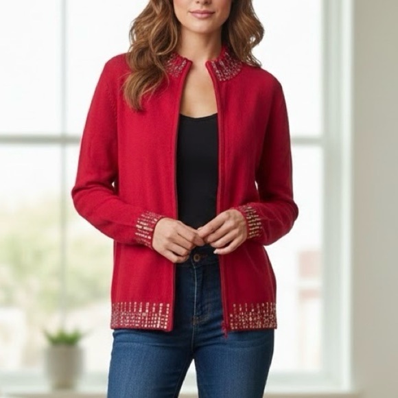 Nevada Sweaters - NEVADA Vibrant Red Zip-Up Cardigan Sweater Colorful Mermaid Sequins Y2K Glam
